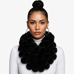 Valerie Stevens Luxurious Black Rabbit Fur Pom Pom Scarf Wrap OS 60”